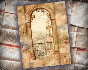 Printable Scrapbook Pages: Vintage Watercolor Balcony Window with Spring Flowers - Neutral Old Paper, Intricate Detail, Stamperia Design