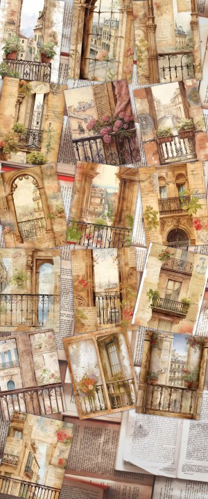 Printable Scrapbook Pages: Vintage Watercolor Balcony Window with Spring Flowers - Neutral Old Paper, Intricate Detail, Stamperia Design