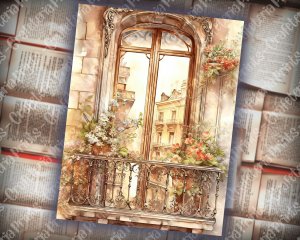 Vintage Watercolor Balcony Window Scrapbook Page, Stamperia Style Art, Neutral Old Paper, Intricate Detail, Printable for Invitations