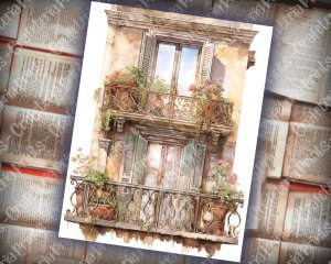 Vintage Watercolor Balcony Window Scrapbook Page, Stamperia Style Art, Neutral Old Paper, Intricate Detail, Printable for Invitations