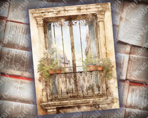 Vintage Watercolor Balcony Window Scrapbook Page, Stamperia Style Art, Neutral Old Paper, Intricate Detail, Printable for Invitations