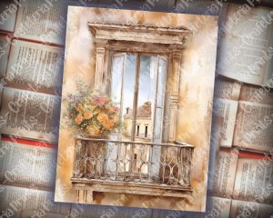 Vintage Watercolor Balcony Window Scrapbook Page, Stamperia Style Art, Neutral Old Paper, Intricate Detail, Printable for Invitations