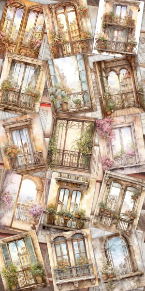 Vintage Watercolor Balcony Window Scrapbook Page, Stamperia Style Art, Neutral Old Paper, Intricate Detail, Printable for Invitations