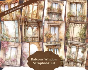 Vintage Watercolor Balcony Window Scrapbook Page, Stamperia Style Art, Neutral Old Paper, Intricate Detail, Printable for Invitations