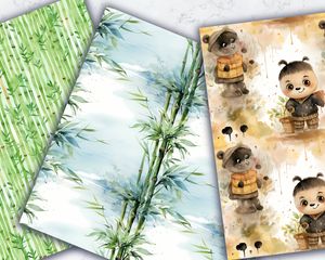 Watercolor Cartoon Cute Bamboo Forest Digital Pattern Paper for Seamless Textures - Instant Download for Scrapbooking, Card Making