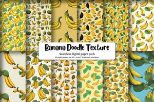 Digital Pattern Paper: Banana Clipart, Doodle Style, Cute Watercolor Illustration, Seamless Texture, Big Elements, Light Background