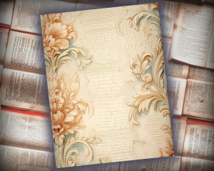 18 papers | Elegant Baroque Scrapbooking Paper Kit, Golden Flourishes, Leafy Scrolls, Rose Detailing, Soft Cream Shabby Chic Ephemera