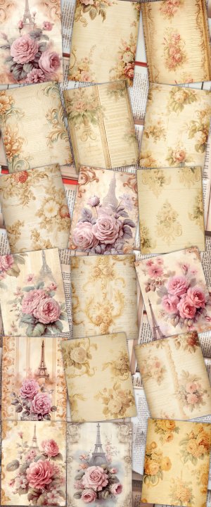 18 papers | Elegant Baroque Scrapbooking Paper Kit, Golden Flourishes, Leafy Scrolls, Rose Detailing, Soft Cream Shabby Chic Ephemera