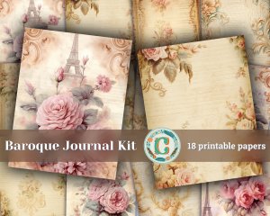 18 papers | Elegant Baroque Scrapbooking Paper Kit, Golden Flourishes, Leafy Scrolls, Rose Detailing, Soft Cream Shabby Chic Ephemera