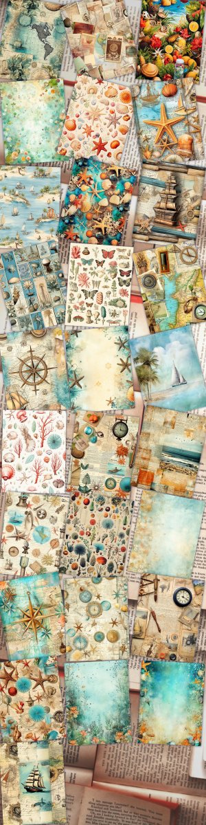 28 Papers | Summer Beach Junk Journal Kit, Printable Shabby Chic Papers for Scrapbooking, Sea Ephemera Journaling Set, Invitation Design Kit