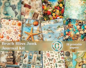 28 Papers | Summer Beach Junk Journal Kit, Printable Shabby Chic Papers for Scrapbooking, Sea Ephemera Journaling Set, Invitation Design Kit