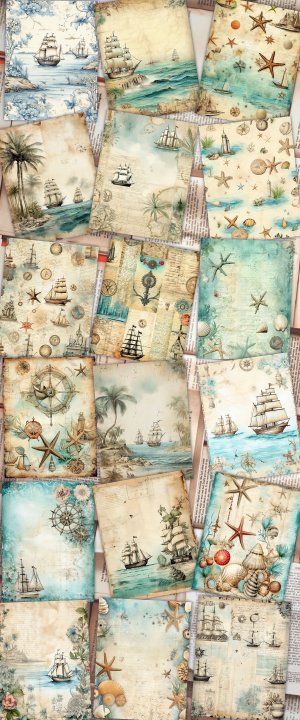 18 papers | Beach & Ocean Junk Journal Scrapbooking Kit, Printable Sea Ephemera Paper, Shabby Chic Junk Journal Pages, Invitation Design Kit