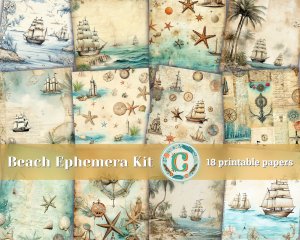 18 papers | Beach & Ocean Junk Journal Scrapbooking Kit, Printable Sea Ephemera Paper, Shabby Chic Junk Journal Pages, Invitation Design Kit