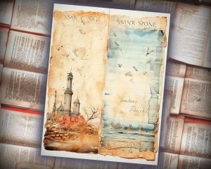 16 Papers | Sand and Sea Themed Junk Journal Background with Intricate Fairy Tale Watercolor Illustrations and Shabby Chic Ephemera