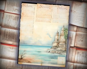 16 Papers | Sand and Sea Themed Junk Journal Background with Intricate Fairy Tale Watercolor Illustrations and Shabby Chic Ephemera