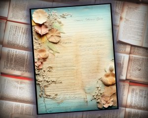 16 Papers | Sand and Sea Themed Junk Journal Background with Intricate Fairy Tale Watercolor Illustrations and Shabby Chic Ephemera