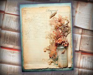 16 Papers | Sand and Sea Themed Junk Journal Background with Intricate Fairy Tale Watercolor Illustrations and Shabby Chic Ephemera