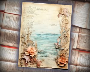 16 Papers | Sand and Sea Themed Junk Journal Background with Intricate Fairy Tale Watercolor Illustrations and Shabby Chic Ephemera