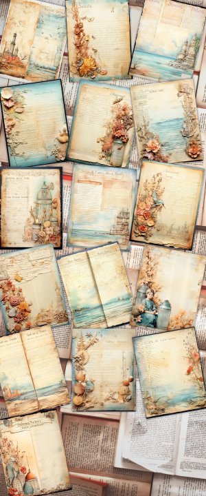 16 Papers | Sand and Sea Themed Junk Journal Background with Intricate Fairy Tale Watercolor Illustrations and Shabby Chic Ephemera