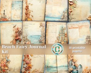 16 Papers | Sand and Sea Themed Junk Journal Background with Intricate Fairy Tale Watercolor Illustrations and Shabby Chic Ephemera