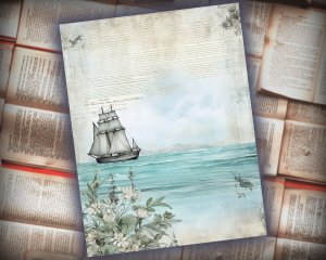 18 papers | Beach Sea Junk Journal Sheets, Printable Wallpaper, Shabby Chic Ephemera, Scrapbooking Kit, Light House Printable Pages