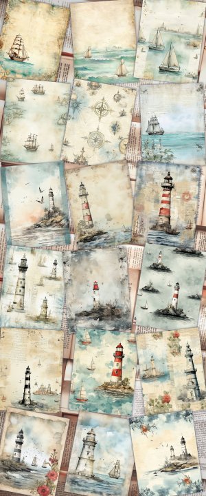 18 papers | Beach Sea Junk Journal Sheets, Printable Wallpaper, Shabby Chic Ephemera, Scrapbooking Kit, Light House Printable Pages