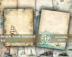 18 papers | Beach Sea Junk Journal Sheets, Printable Wallpaper, Shabby Chic Ephemera, Scrapbooking Kit, Light House Printable Pages