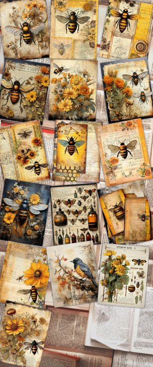 Bee and Honey Vibe Junk Journal Digital Papers for Scrapbooking, Invitations, Planners - Shabby Chic Ephemera, Journaling, Junk Journals