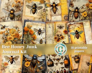 Bee and Honey Vibe Junk Journal Digital Papers for Scrapbooking, Invitations, Planners - Shabby Chic Ephemera, Journaling, Junk Journals