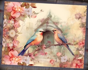 14 papers | Vintage Birds and Fairy Tale Background | Pastel Colors | Scrapbooking, Junk Journal, Printable Pages, Shabby Chic