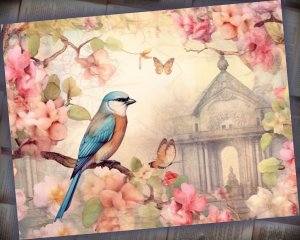 14 papers | Vintage Birds and Fairy Tale Background | Pastel Colors | Scrapbooking, Junk Journal, Printable Pages, Shabby Chic