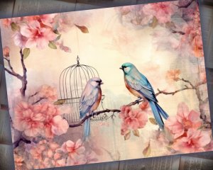 14 papers | Vintage Birds and Fairy Tale Background | Pastel Colors | Scrapbooking, Junk Journal, Printable Pages, Shabby Chic