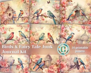 14 papers | Vintage Birds and Fairy Tale Background | Pastel Colors | Scrapbooking, Junk Journal, Printable Pages, Shabby Chic