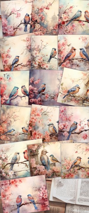 16 papers | Vintage Birds on Fairy Tale Background | Pastel Colors | Intricate Watercolor Illustration | Shabby Chic Scrapbooking Kit