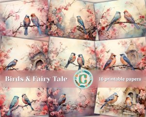 16 papers | Vintage Birds on Fairy Tale Background | Pastel Colors | Intricate Watercolor Illustration | Shabby Chic Scrapbooking Kit