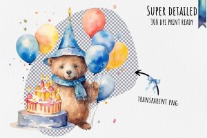 Instant Download Watercolor Clipart Bundle - Birthday Celebration with Paddington Bear, Party Hat, Cake, Candles, Balloons, and Confetti