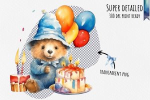 Instant Download Watercolor Clipart Bundle - Birthday Celebration with Paddington Bear, Party Hat, Cake, Candles, Balloons, and Confetti