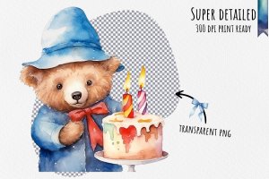 Instant Download Watercolor Clipart Bundle - Birthday Celebration with Paddington Bear, Party Hat, Cake, Candles, Balloons, and Confetti