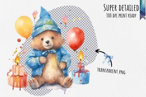 Instant Download Watercolor Clipart Bundle - Birthday Celebration with Paddington Bear, Party Hat, Cake, Candles, Balloons, and Confetti