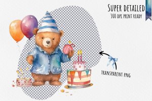 Instant Download Watercolor Clipart Bundle - Birthday Celebration with Paddington Bear, Party Hat, Cake, Candles, Balloons, and Confetti