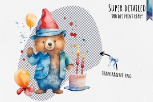 Instant Download Watercolor Clipart Bundle - Birthday Celebration with Paddington Bear, Party Hat, Cake, Candles, Balloons, and Confetti