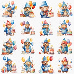 Instant Download Watercolor Clipart Bundle - Birthday Celebration with Paddington Bear, Party Hat, Cake, Candles, Balloons, and Confetti