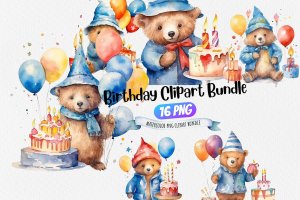 Instant Download Watercolor Clipart Bundle - Birthday Celebration with Paddington Bear, Party Hat, Cake, Candles, Balloons, and Confetti