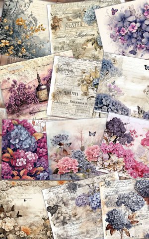 Printable Watercolor Vintage Junk Journal Page with Black Hydrangea Flowers | Intricate Details | Perfect for Scrapbooking, Invitations