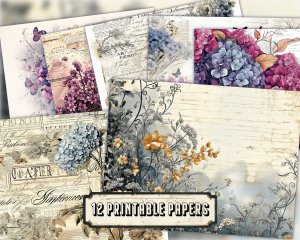 Printable Watercolor Vintage Junk Journal Page with Black Hydrangea Flowers | Intricate Details | Perfect for Scrapbooking, Invitations