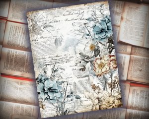 16 Papers | Rustic Soft Blue Floral Scrapbook Paper High Res 8k, Junk Journal Kit, Shabby Chic Printable Pages, Journaling Ephemera