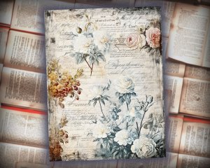 16 Papers | Rustic Soft Blue Floral Scrapbook Paper High Res 8k, Junk Journal Kit, Shabby Chic Printable Pages, Journaling Ephemera