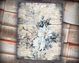 16 Papers | Rustic Soft Blue Floral Scrapbook Paper High Res 8k, Junk Journal Kit, Shabby Chic Printable Pages, Journaling Ephemera