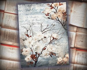 16 Papers | Rustic Soft Blue Floral Scrapbook Paper High Res 8k, Junk Journal Kit, Shabby Chic Printable Pages, Journaling Ephemera