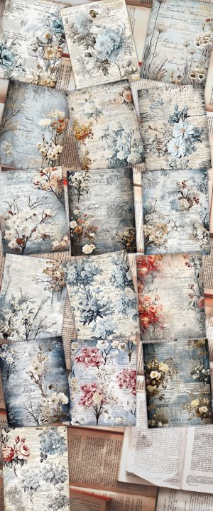 16 Papers | Rustic Soft Blue Floral Scrapbook Paper High Res 8k, Junk Journal Kit, Shabby Chic Printable Pages, Journaling Ephemera